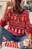 Knit Christmas Print Round Neck Loose Fit Sweater - Pikemla