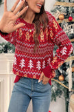 Knit Christmas Print Round Neck Loose Fit Sweater - Pikemla