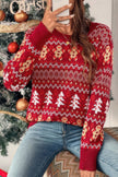 Knit Christmas Print Round Neck Loose Fit Sweater - Pikemla