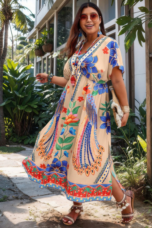 Plus Deep V Neck Allover Print High Waist Dress - Pikemla