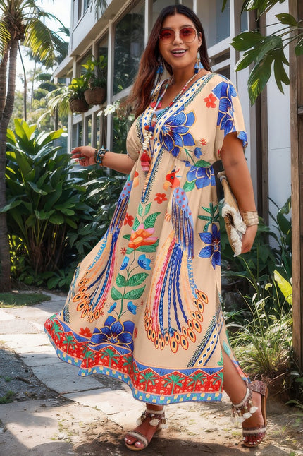 Plus Deep V Neck Allover Print High Waist Dress - Pikemla