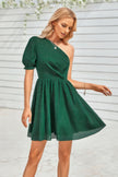 Dot Solid Puff Sleeve One Shoulder Midi Dress - Pikemla