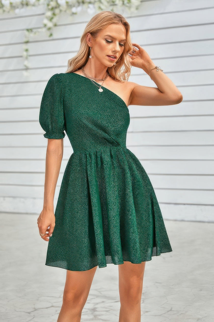 Dot Solid Puff Sleeve One Shoulder Midi Dress - Pikemla