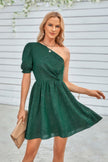 Dot Solid Puff Sleeve One Shoulder Midi Dress - Pikemla