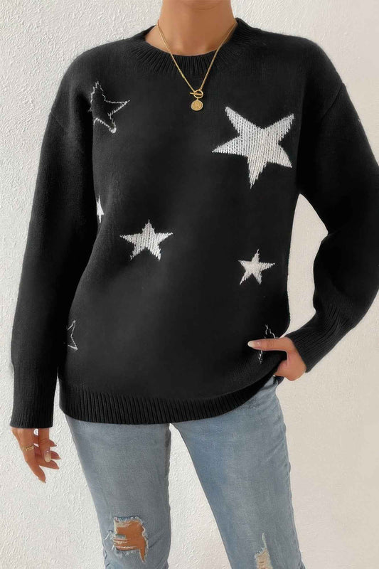 Star Print Knit Lose Fit Sweater - Pikemla