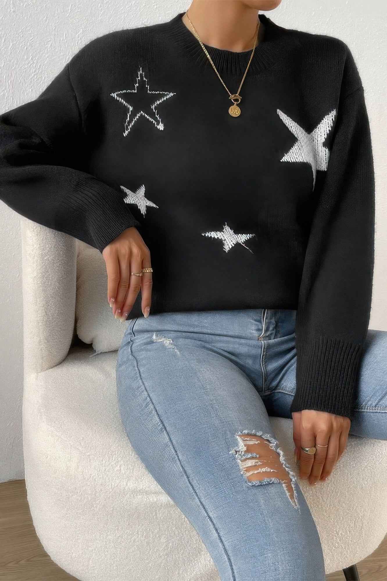 Star Print Knit Lose Fit Sweater - Pikemla