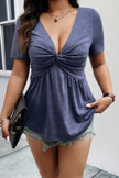 Plus Size Solid Deep V Neck Cross Fit Shirt - Pikemla