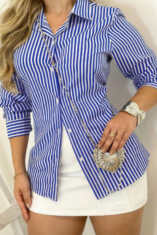 Plus Strip Button Up Fit Front Open Blouse - Pikemla