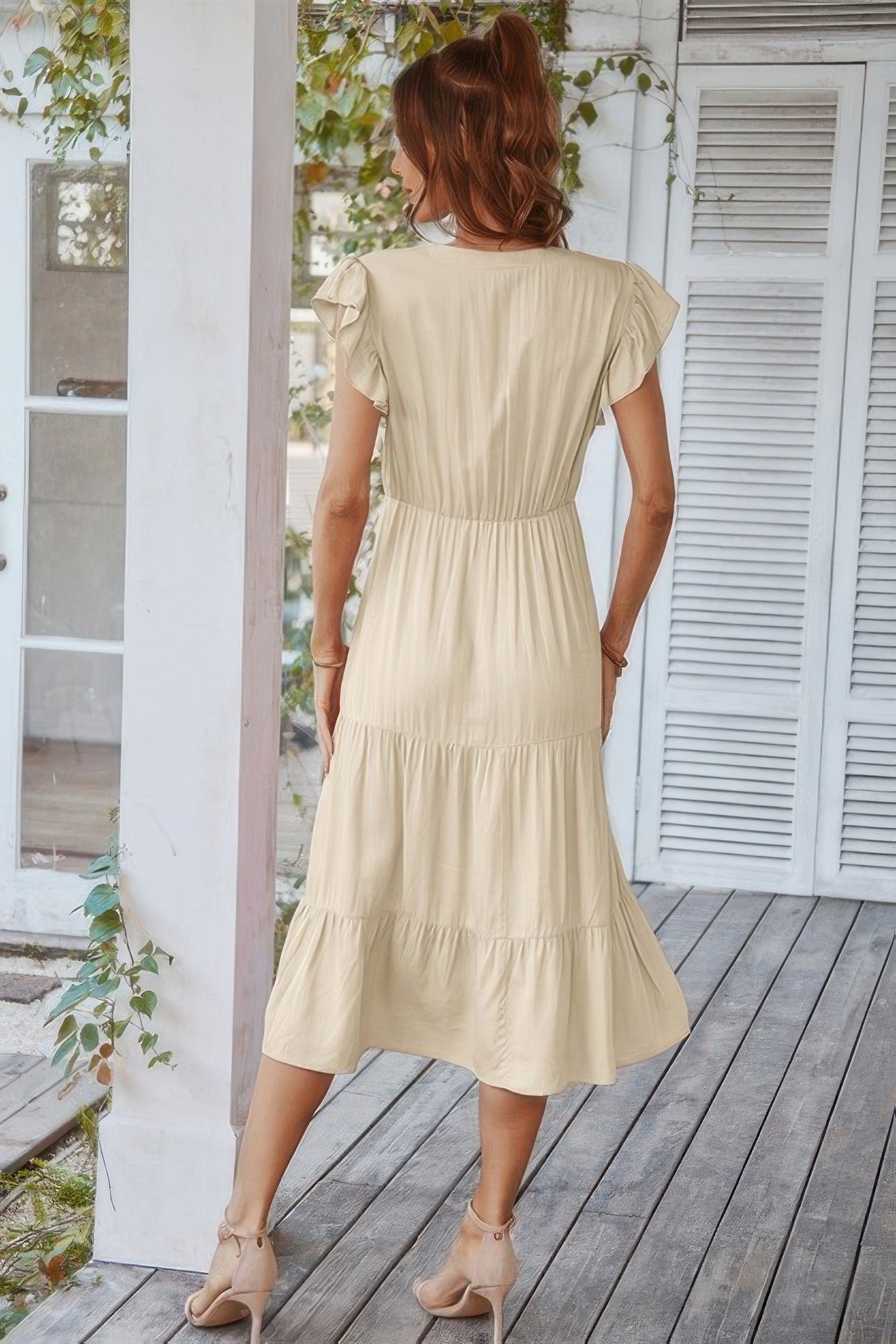 V Neck Flutter Sleeve Ruffle Hem Layered Dress - Pikemla