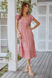 V Neck Flutter Sleeve Ruffle Hem Layered Dress - Pikemla