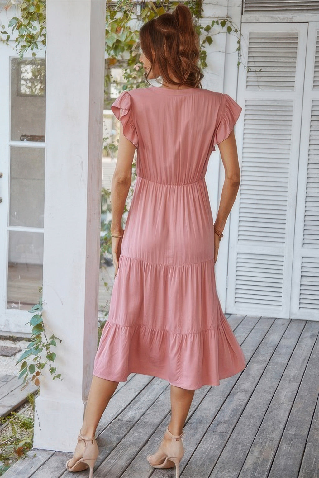 V Neck Flutter Sleeve Ruffle Hem Layered Dress - Pikemla