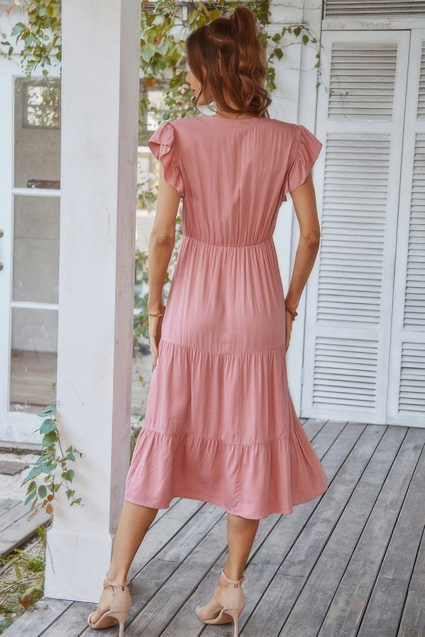 V Neck Flutter Sleeve Ruffle Hem Layered Dress - Pikemla