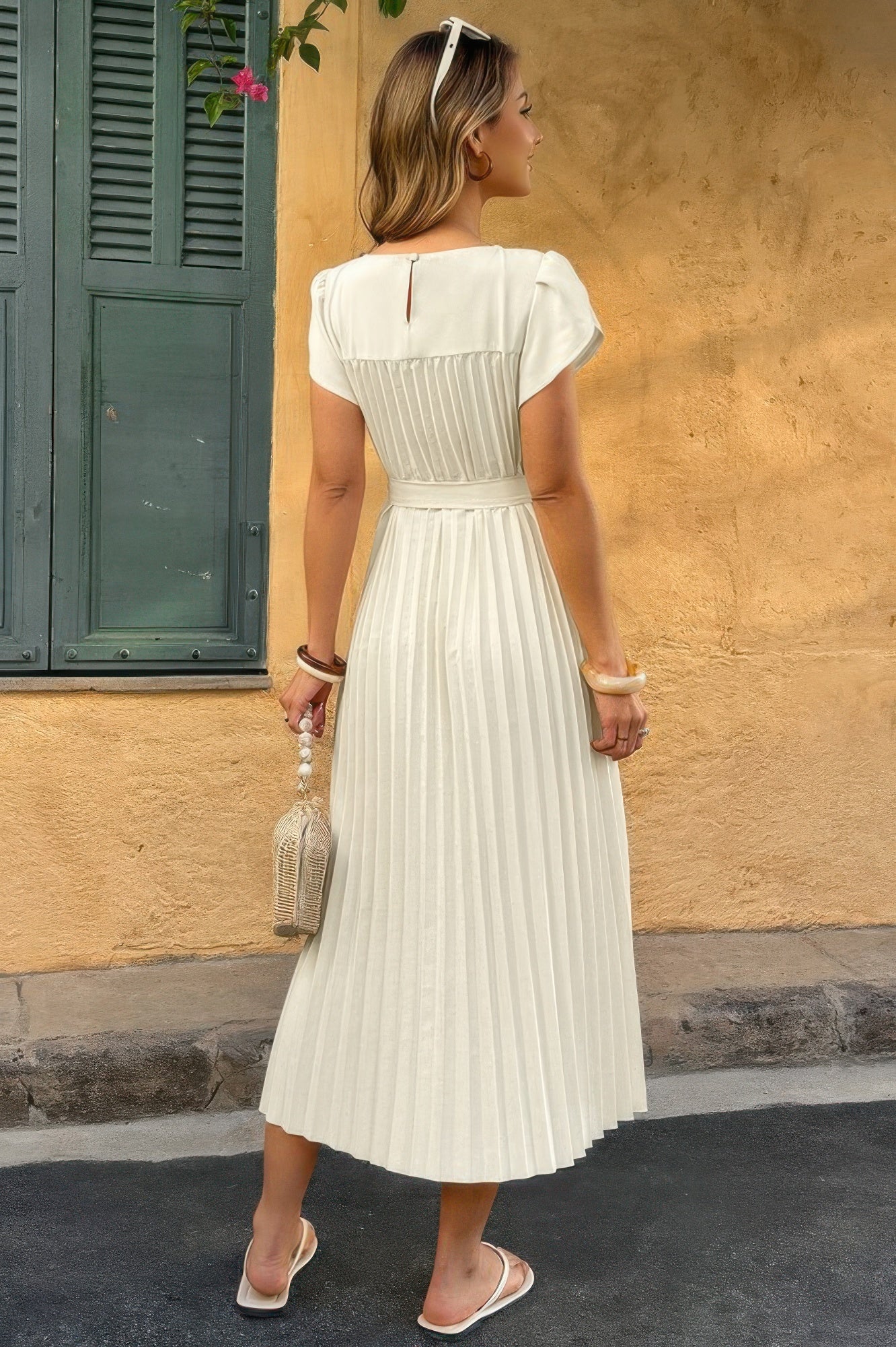 Solid Pleated Belt Short Puff Sleeves Fit Dress - Pikemla