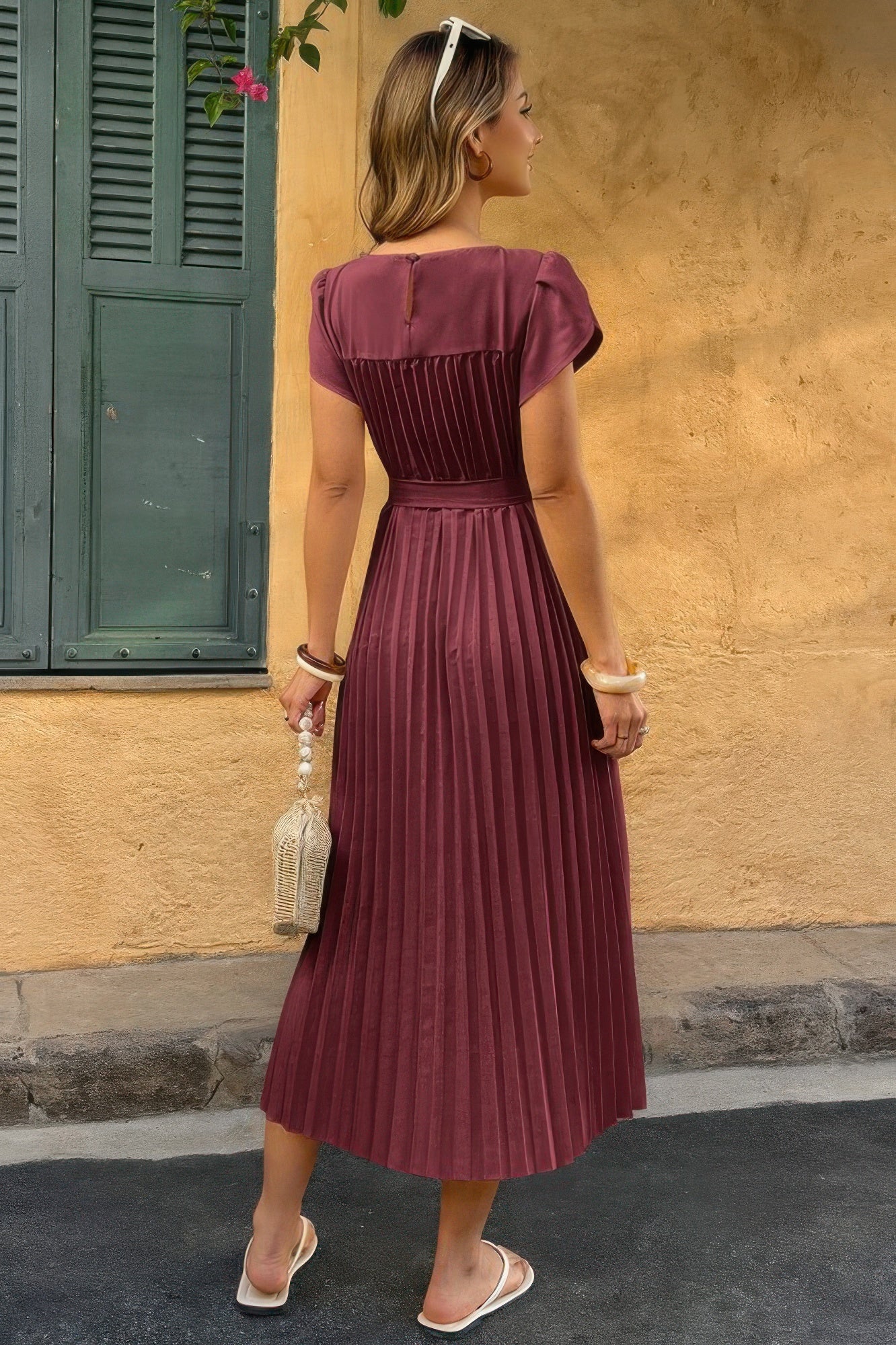 Solid Pleated Belt Short Puff Sleeves Fit Dress - Pikemla