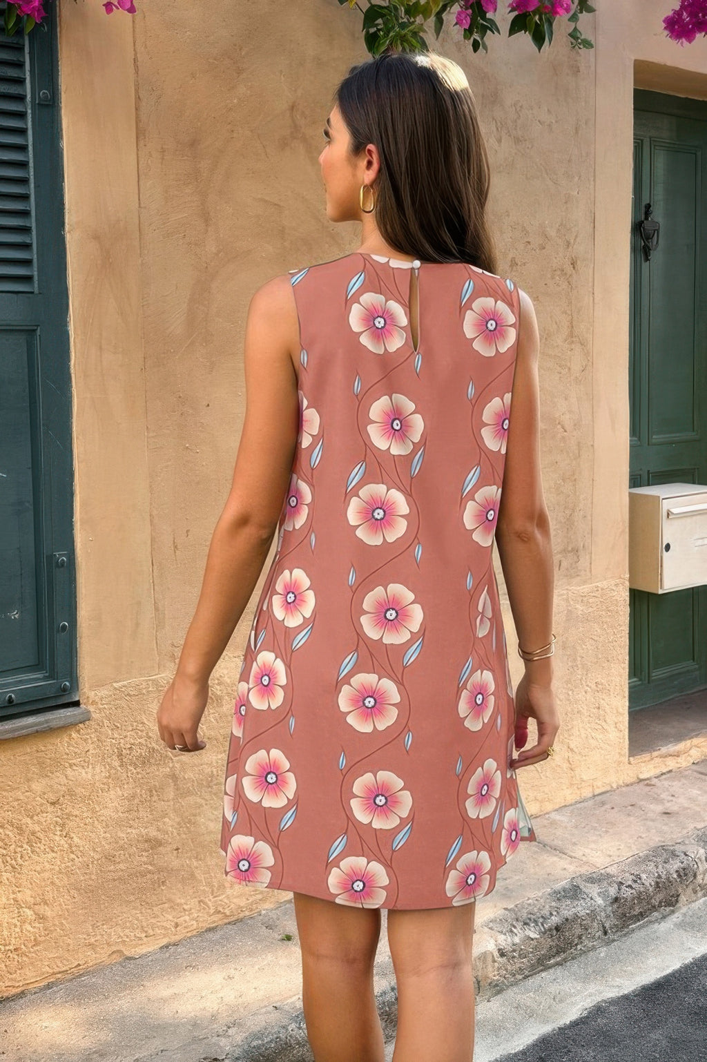 Round Neck Floral Print Sleeveless Loose Dress - Pikemla