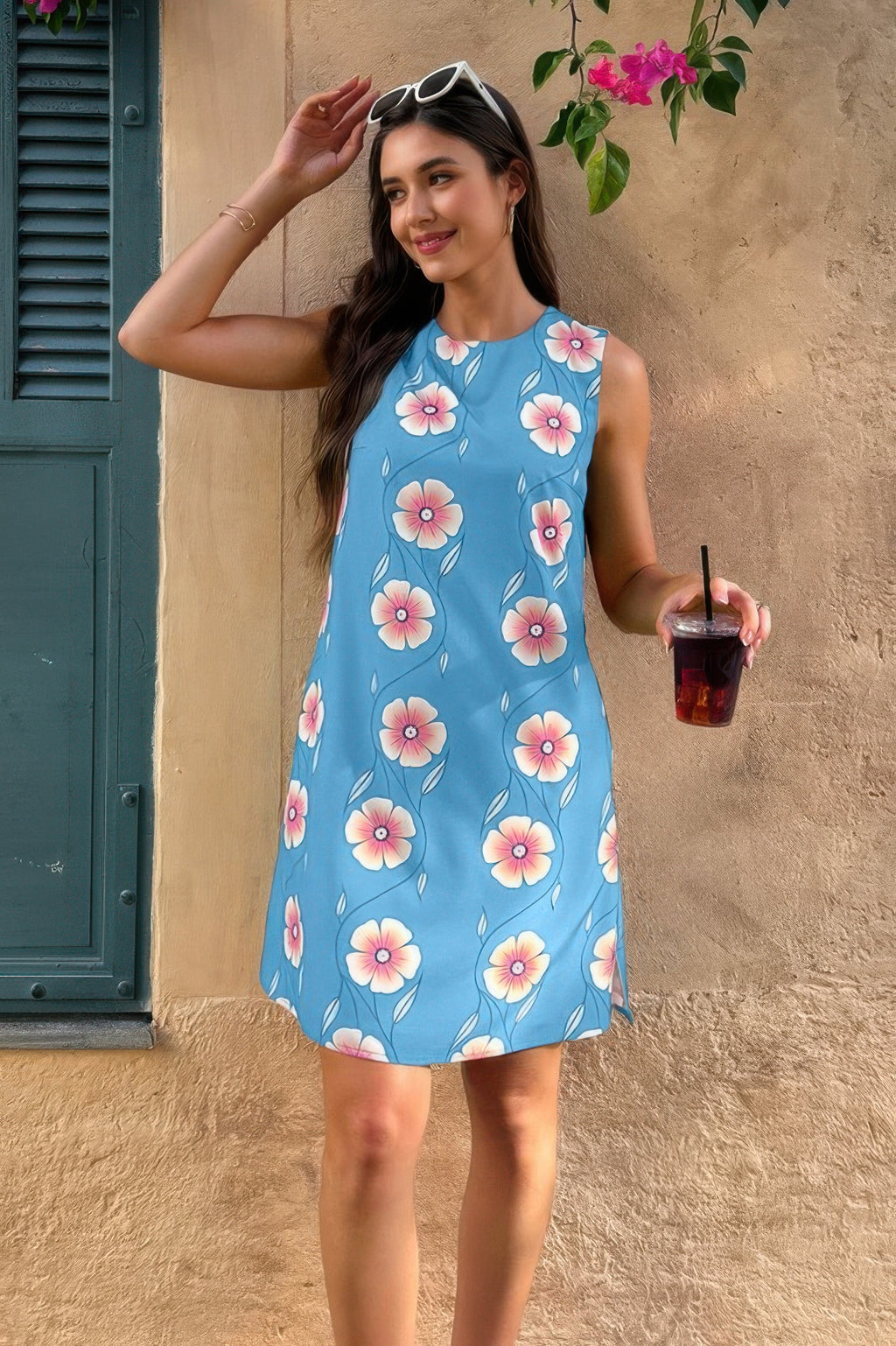 Round Neck Floral Print Sleeveless Loose Dress - Pikemla
