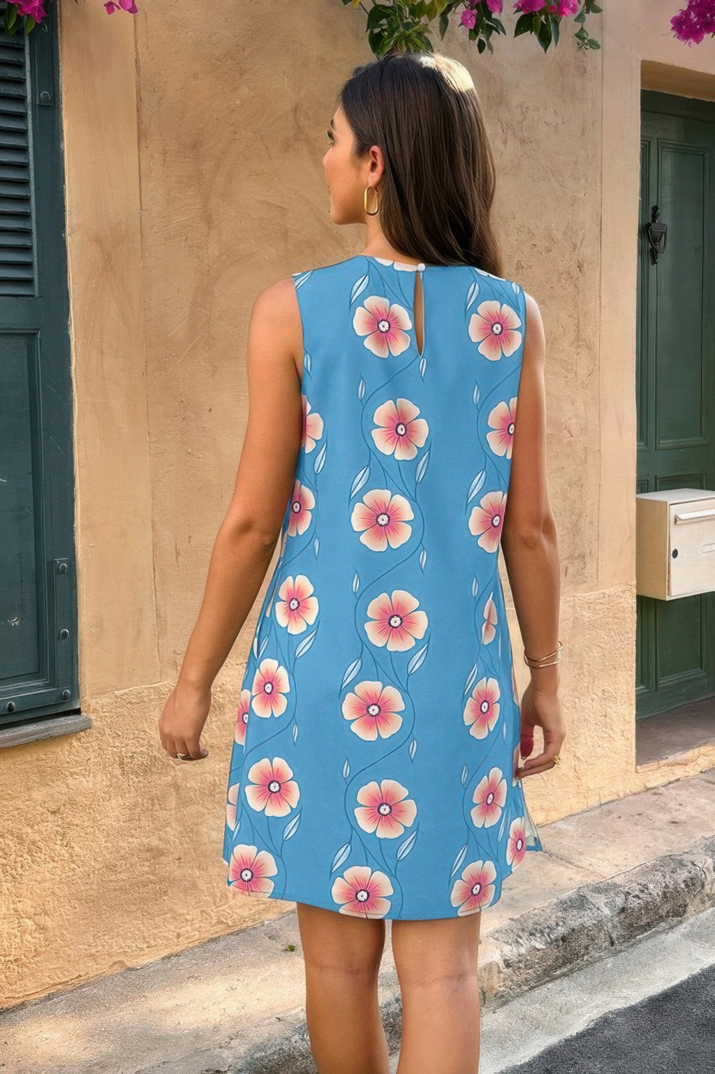 Round Neck Floral Print Sleeveless Loose Dress - Pikemla