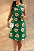 Round Neck Floral Print Sleeveless Loose Dress - Pikemla