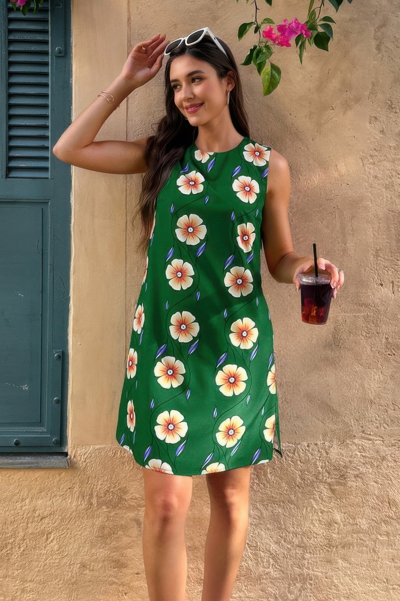 Round Neck Floral Print Sleeveless Loose Dress - Pikemla