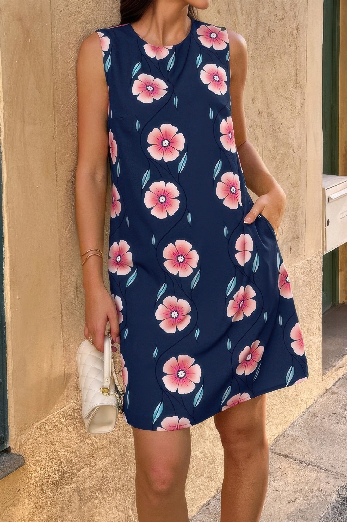 Round Neck Floral Print Sleeveless Loose Dress - Pikemla