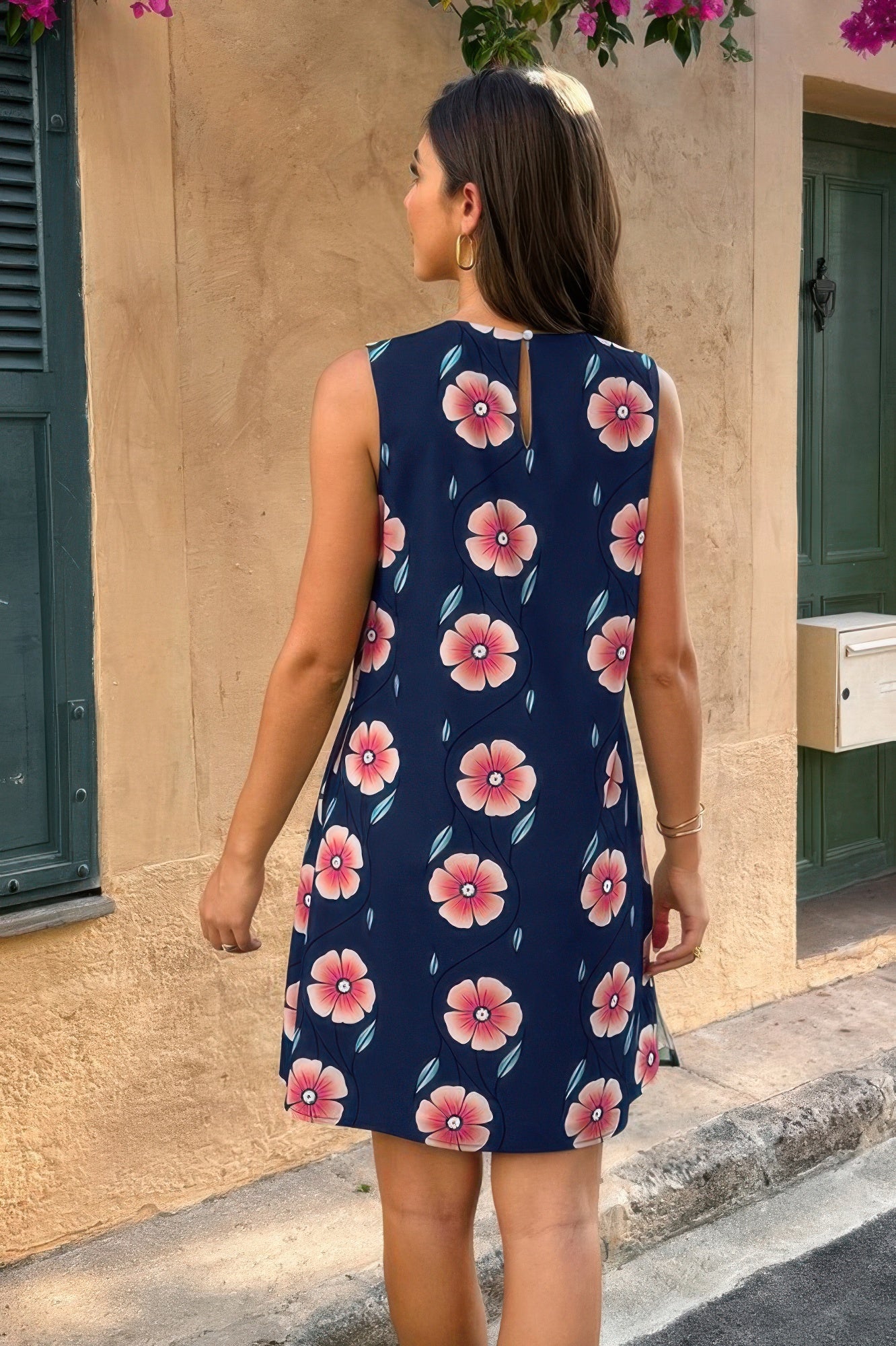 Round Neck Floral Print Sleeveless Loose Dress - Pikemla