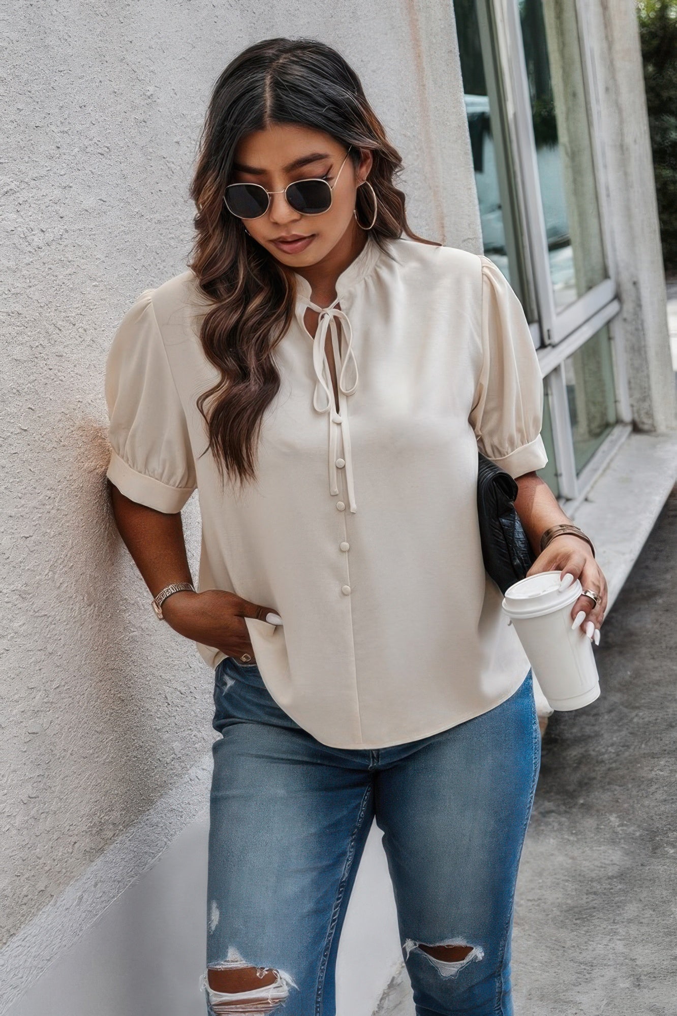 Plus Size Cross Neck Puff Sleeves Solid Button Top - Pikemla
