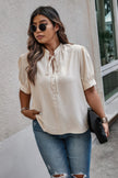 Plus Size Cross Neck Puff Sleeves Solid Button Top - Pikemla