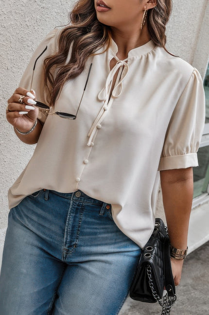 Plus Size Cross Neck Puff Sleeves Solid Button Top - Pikemla