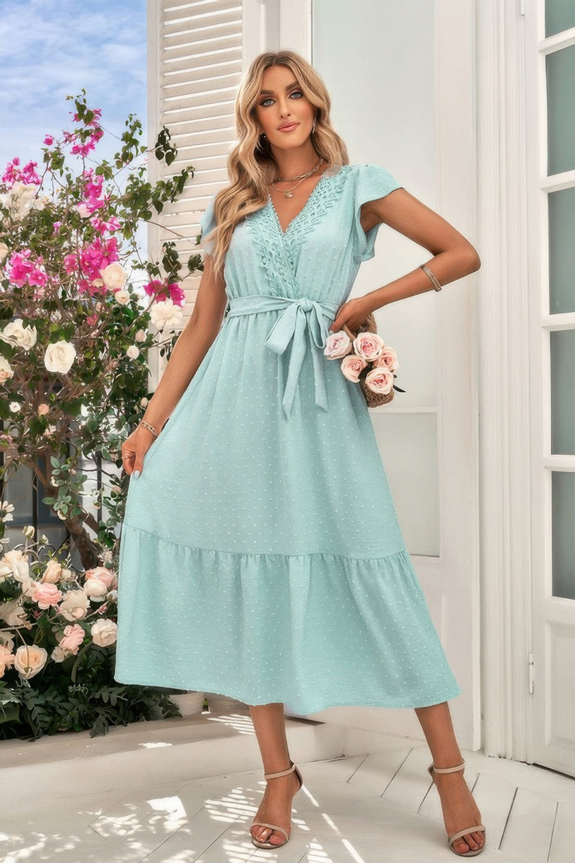 Solid Deep V Dot Lace Belt Long Dress - Pikemla