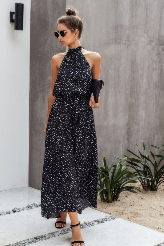 Halter Neck Polka Dot Swing Dress - Pikemla