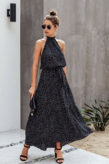 Halter Neck Polka Dot Swing Dress - Pikemla
