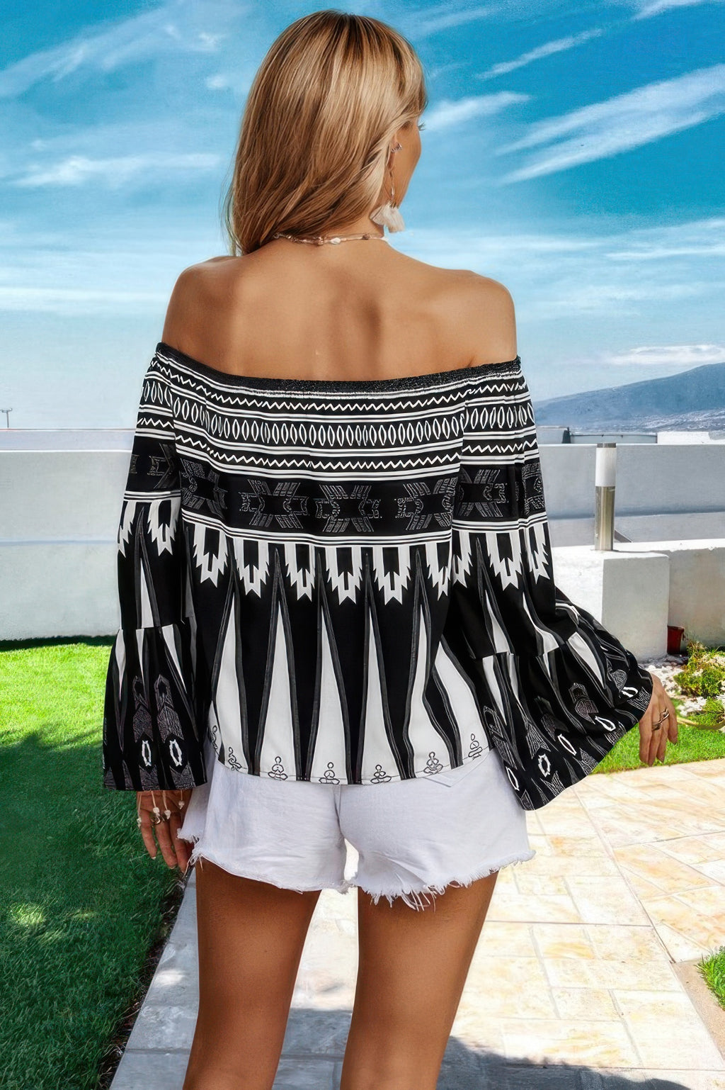 Graphic Print Butterfly Sleeves Off Shoulder Top - Pikemla