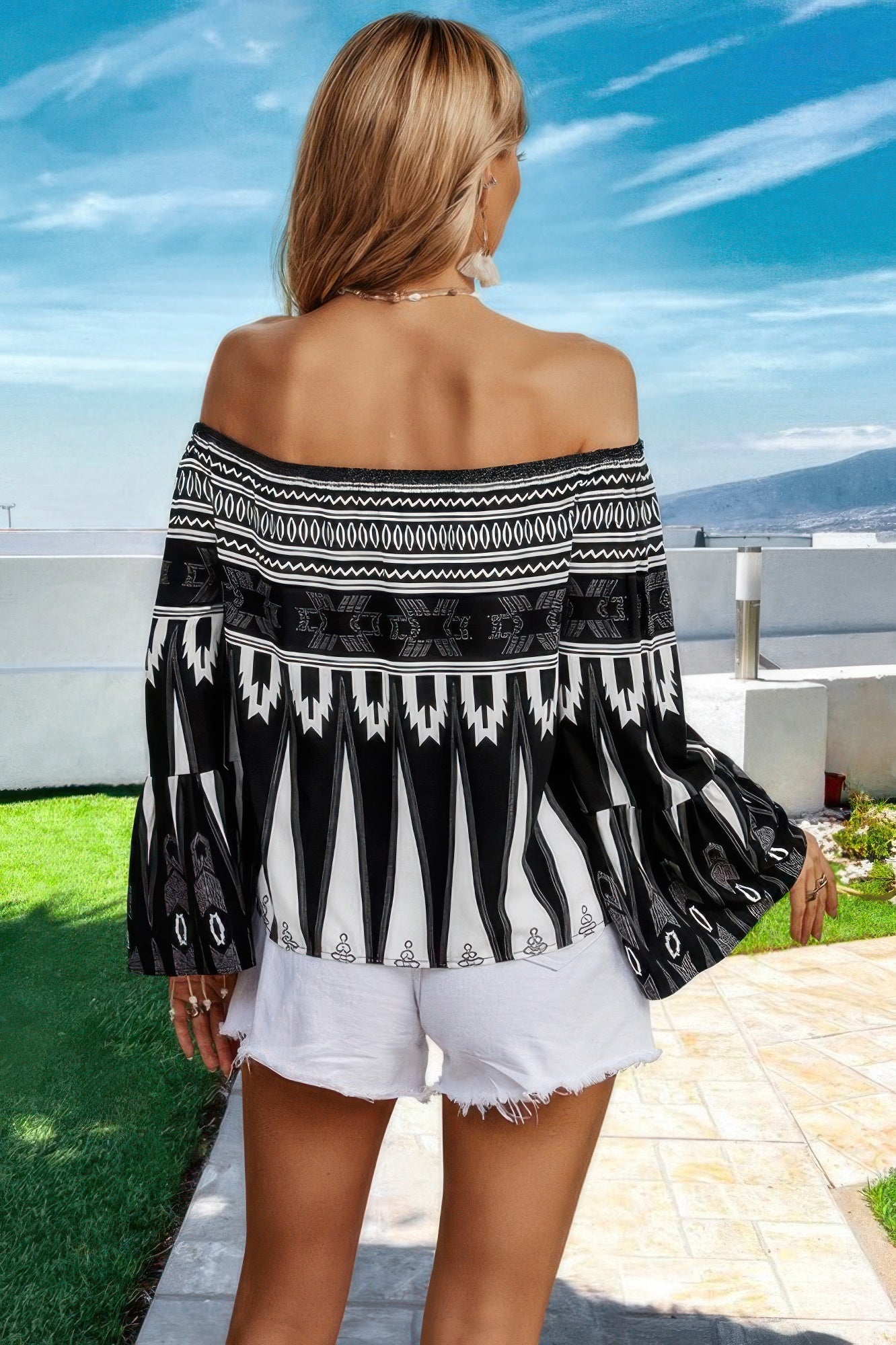 Graphic Print Butterfly Sleeves Off Shoulder Top - Pikemla