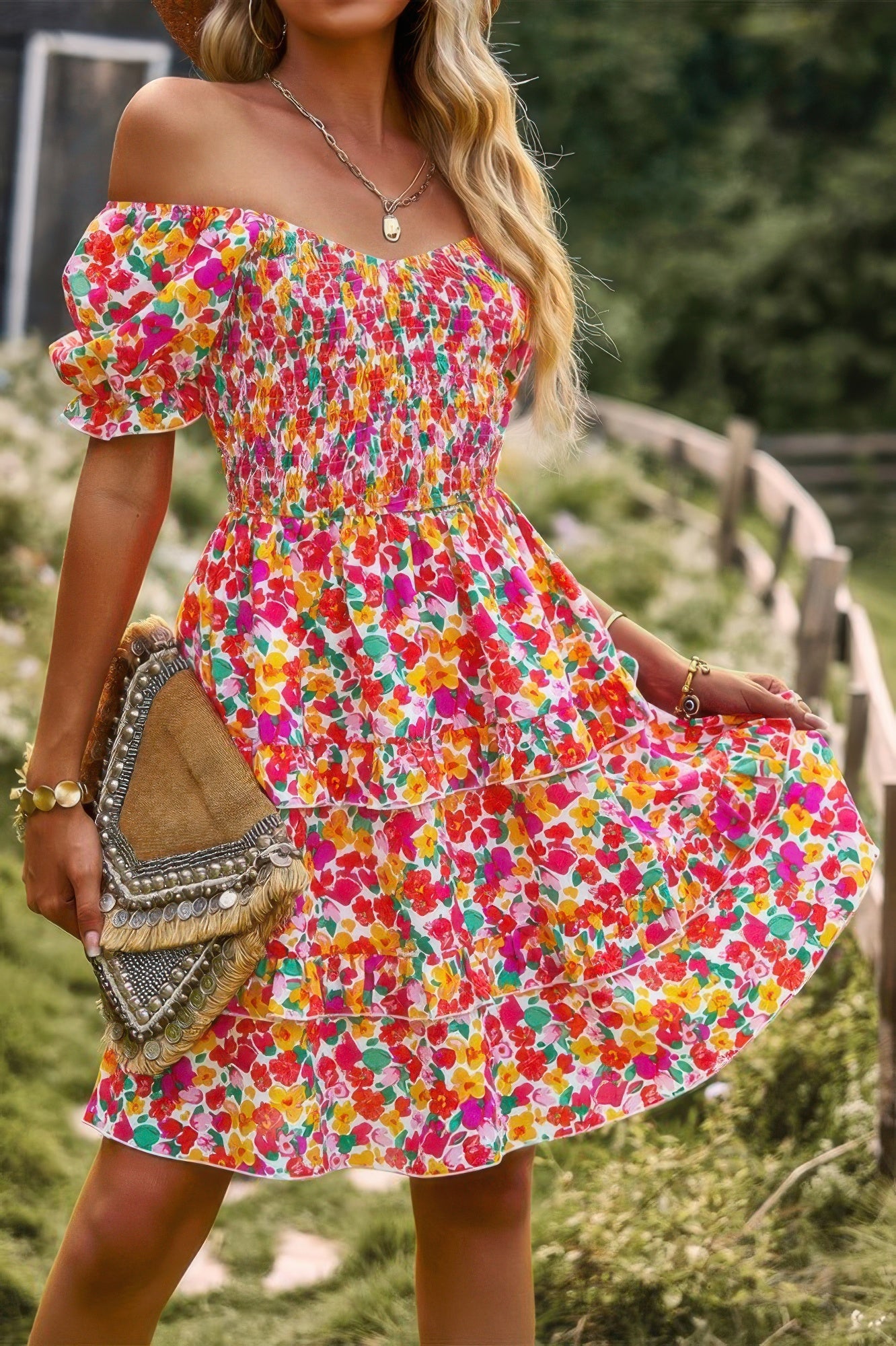 Floral Print Fit Short Sleeve A Line Dress - Pikemla