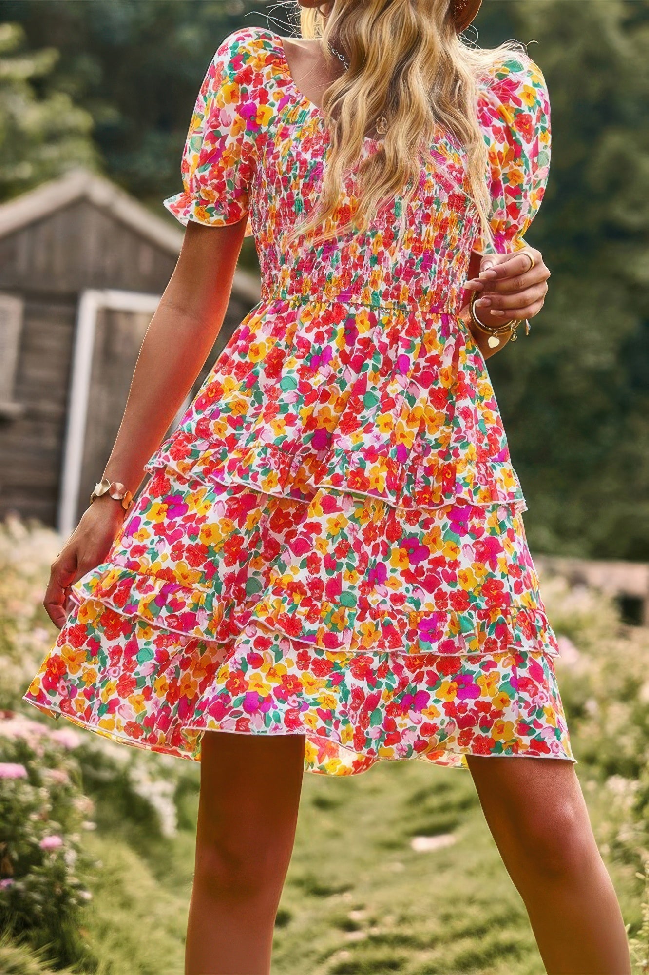 Floral Print Fit Short Sleeve A Line Dress - Pikemla