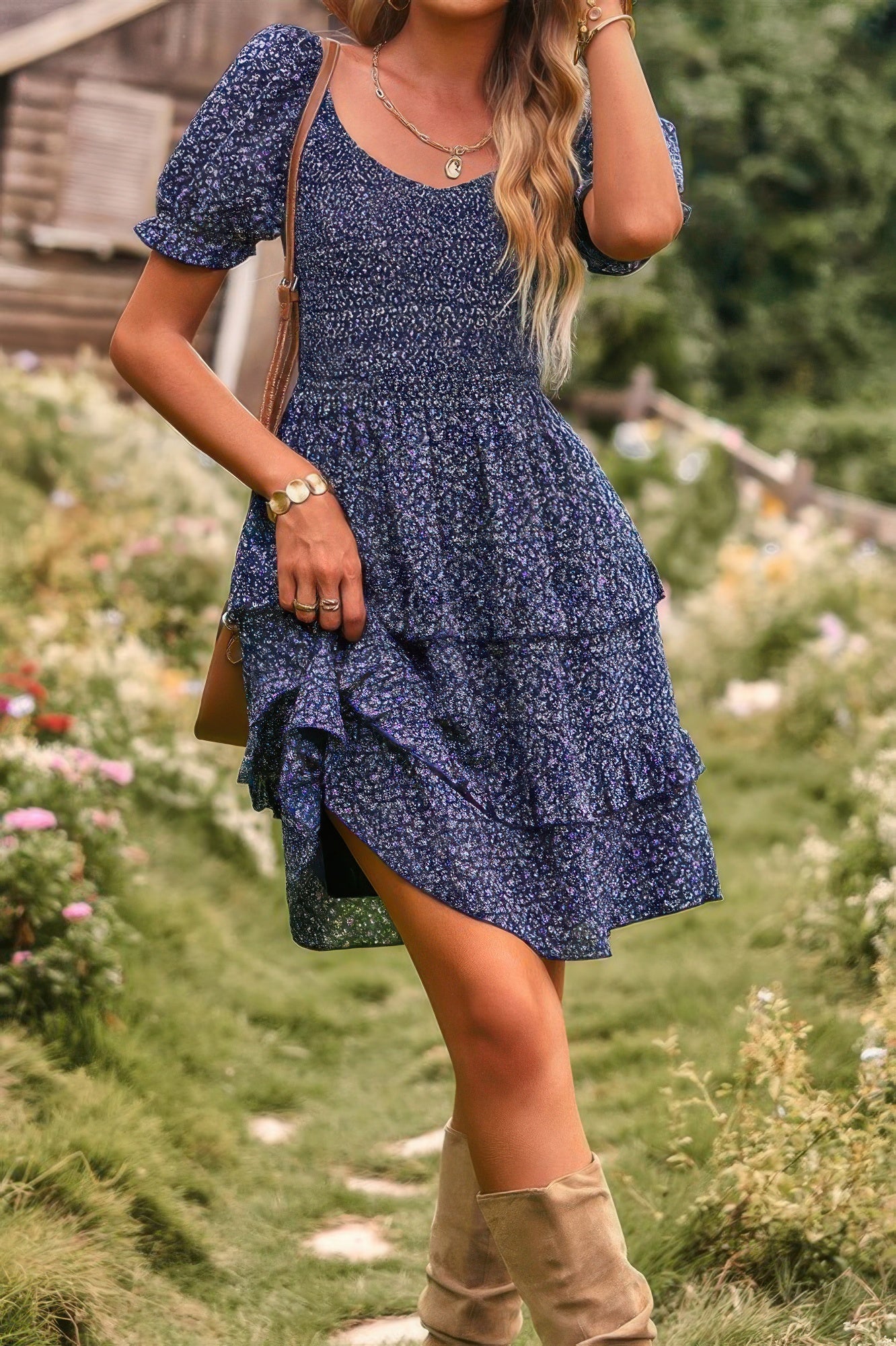 Floral Print Fit Short Sleeve A Line Dress - Pikemla