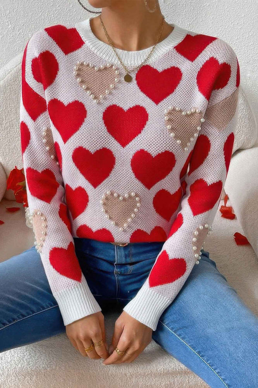 Round Neck Heart Shape Pearl Beads Knit Sweater - Pikemla