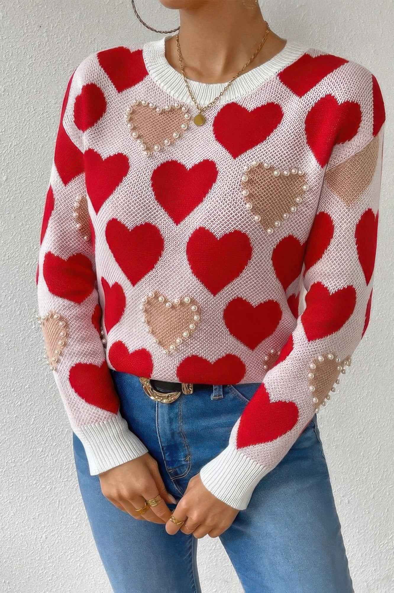 Round Neck Heart Shape Pearl Beads Knit Sweater - Pikemla