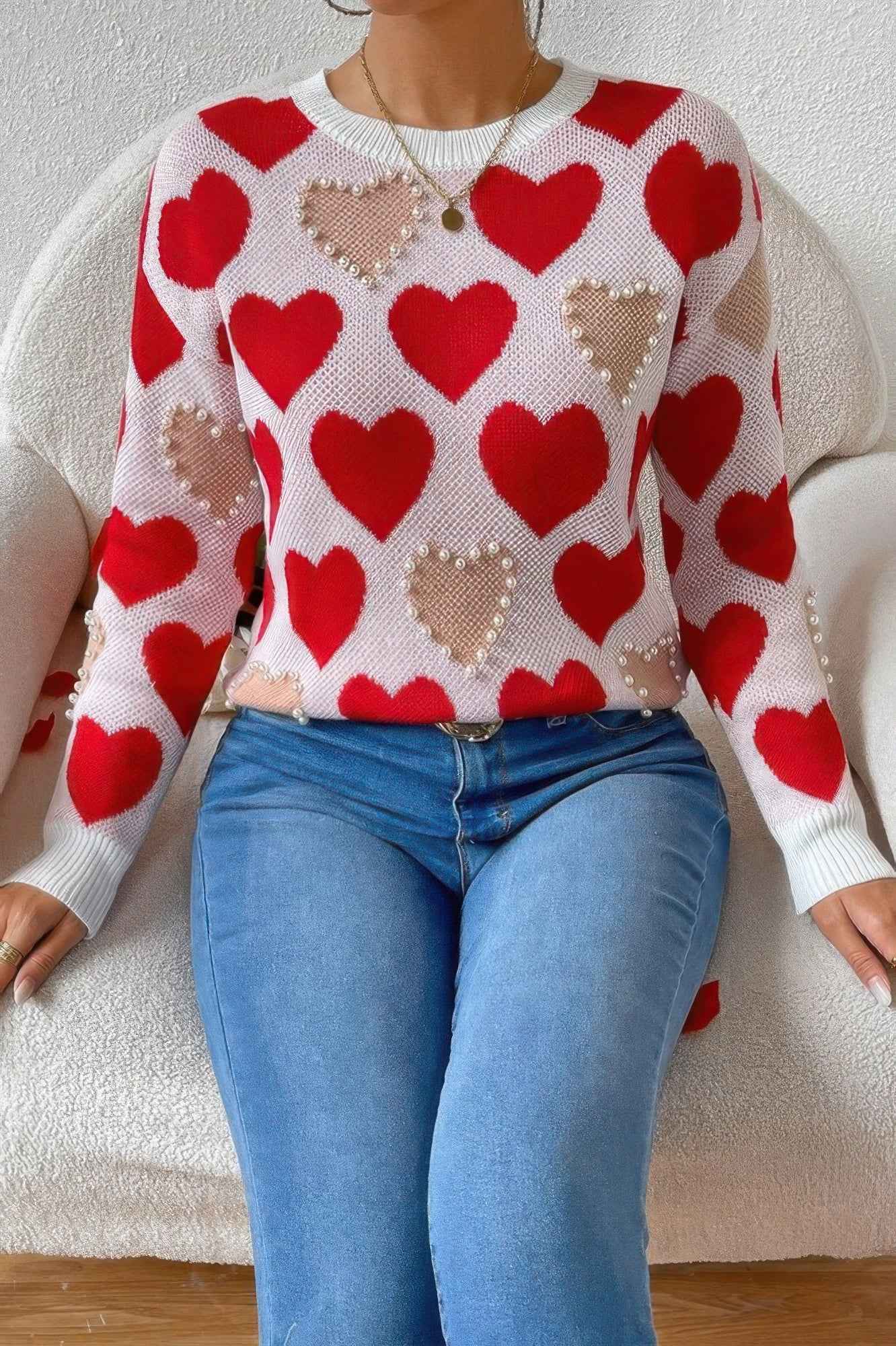 Round Neck Heart Shape Pearl Beads Knit Sweater - Pikemla
