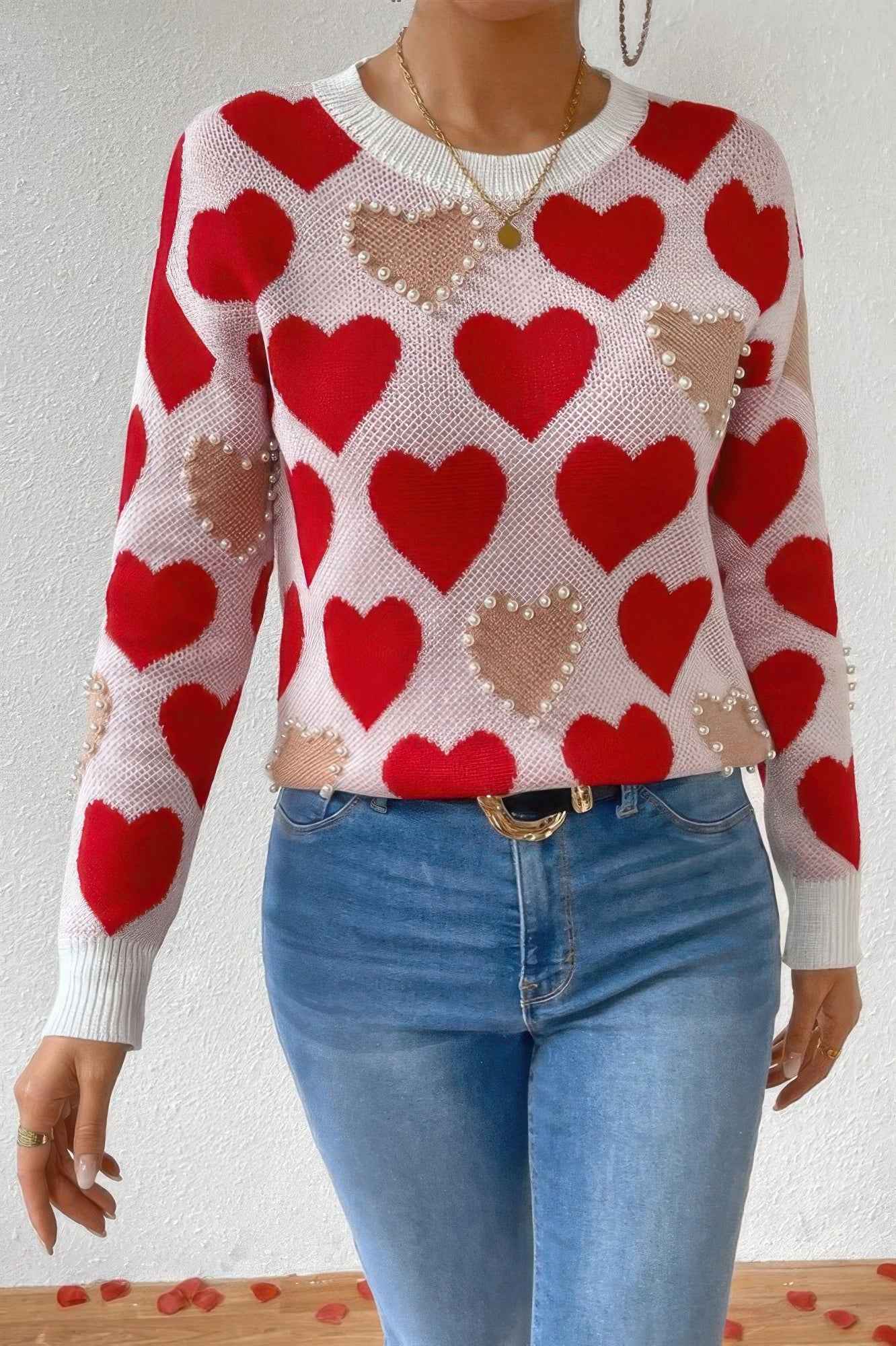 Round Neck Heart Shape Pearl Beads Knit Sweater - Pikemla