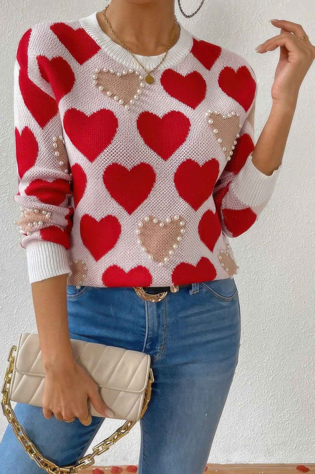 Round Neck Heart Shape Pearl Beads Knit Sweater - Pikemla