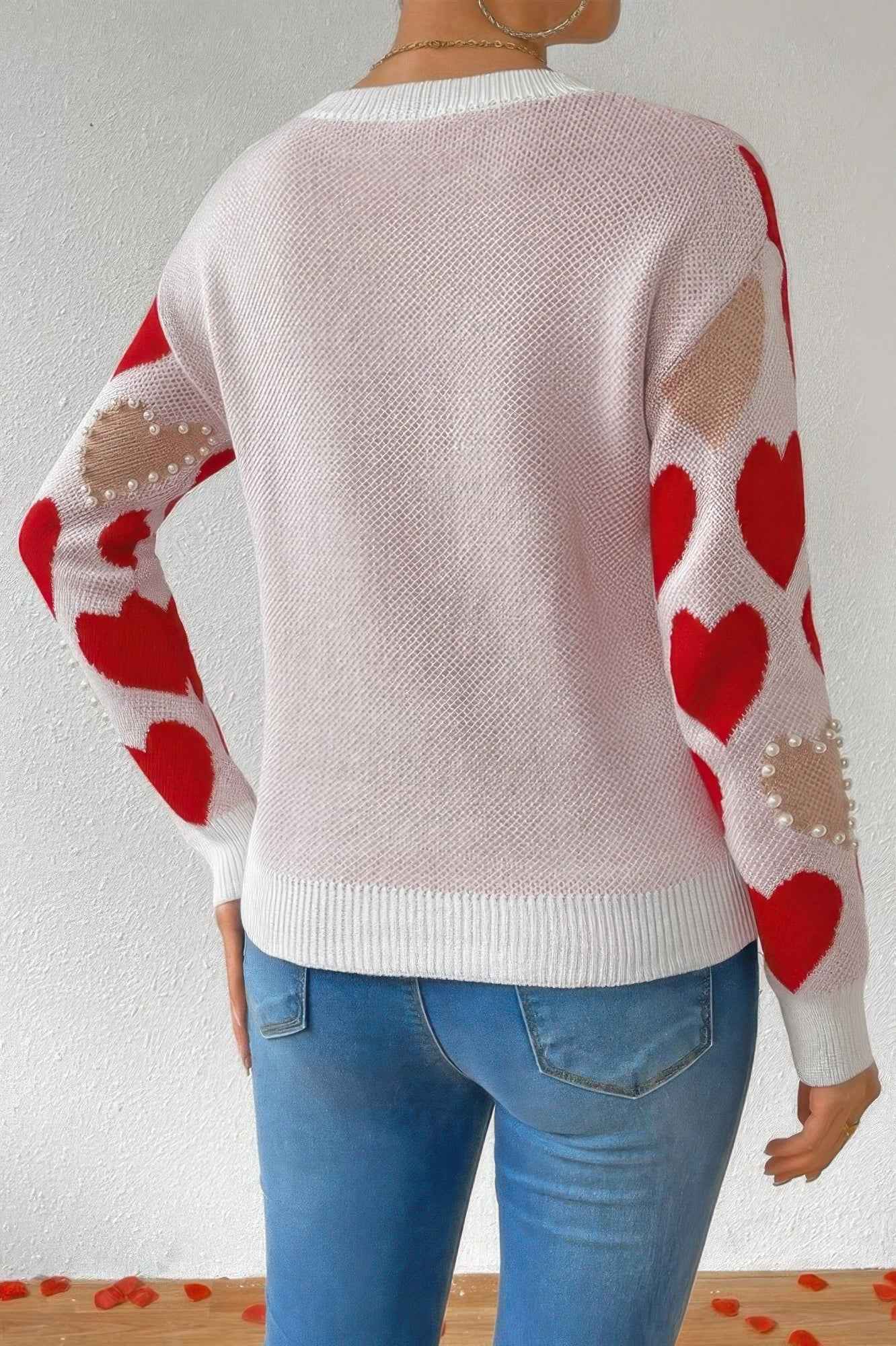Round Neck Heart Shape Pearl Beads Knit Sweater - Pikemla