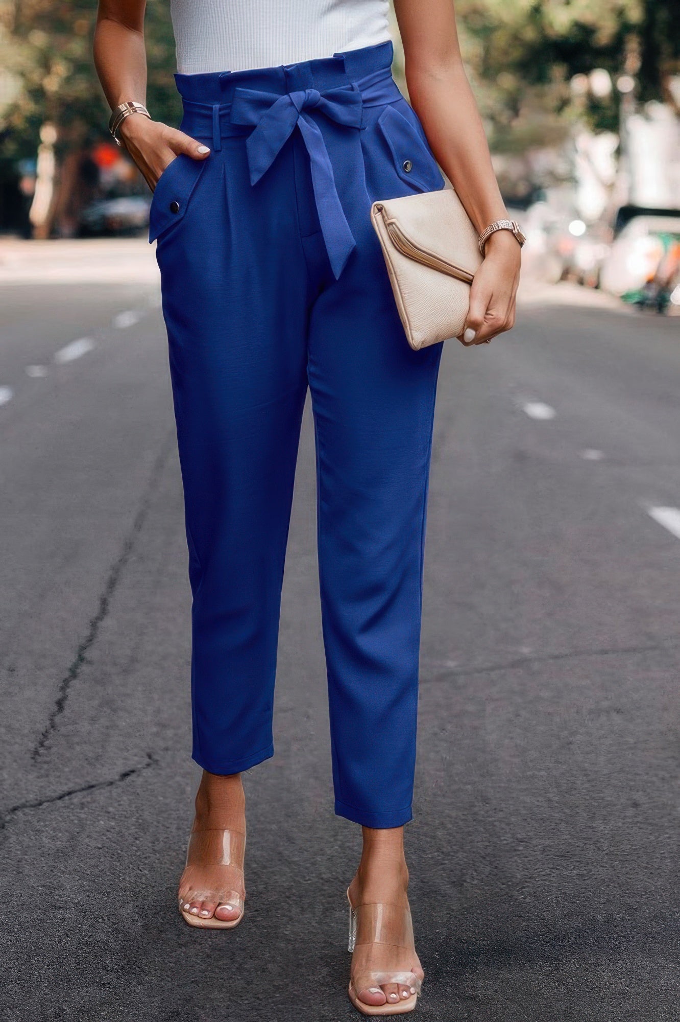 Ruffle Belt Pocket Solid Skinny Pants - Pikemla