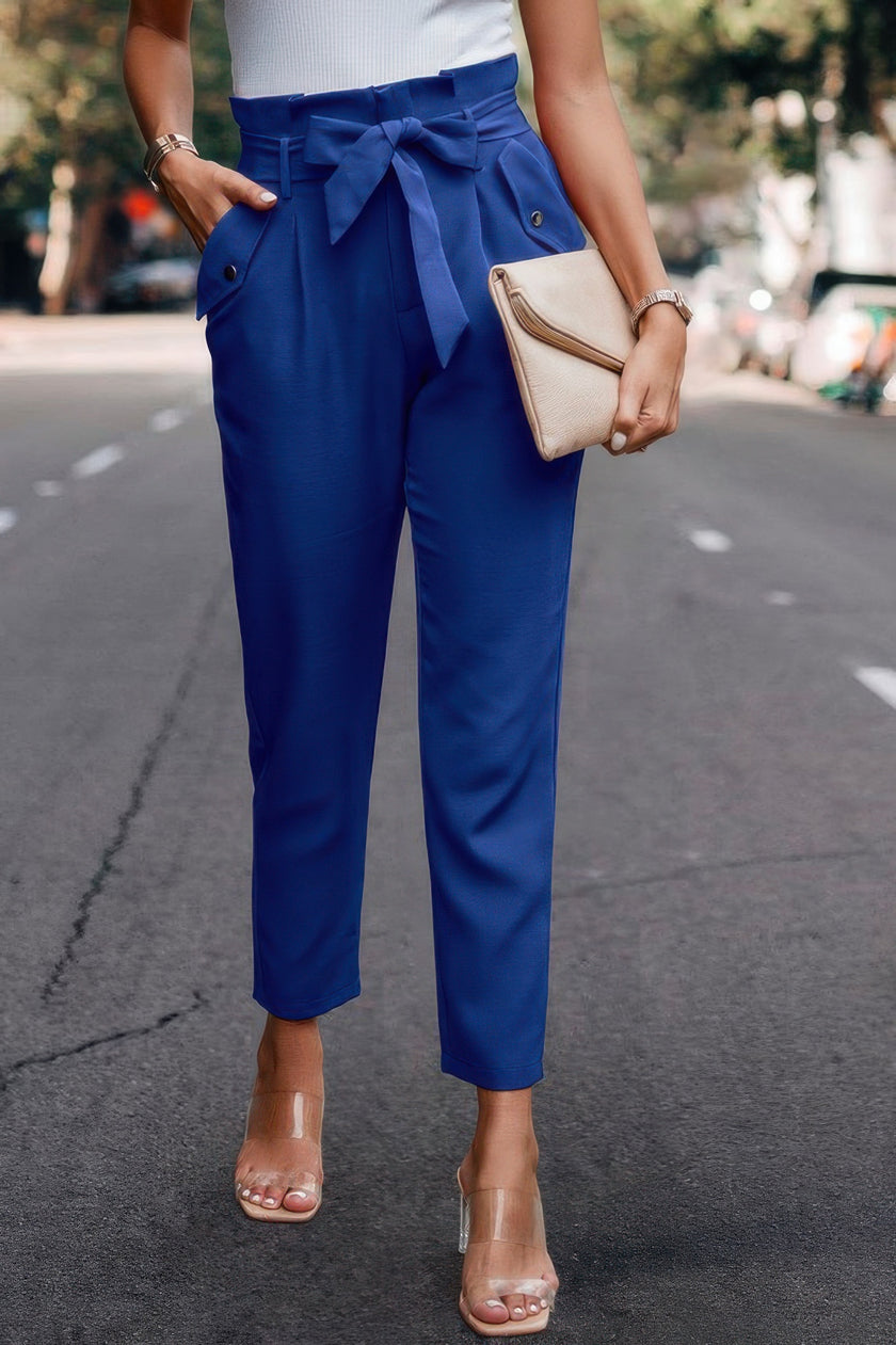 Ruffle Belt Pocket Solid Skinny Pants - Pikemla