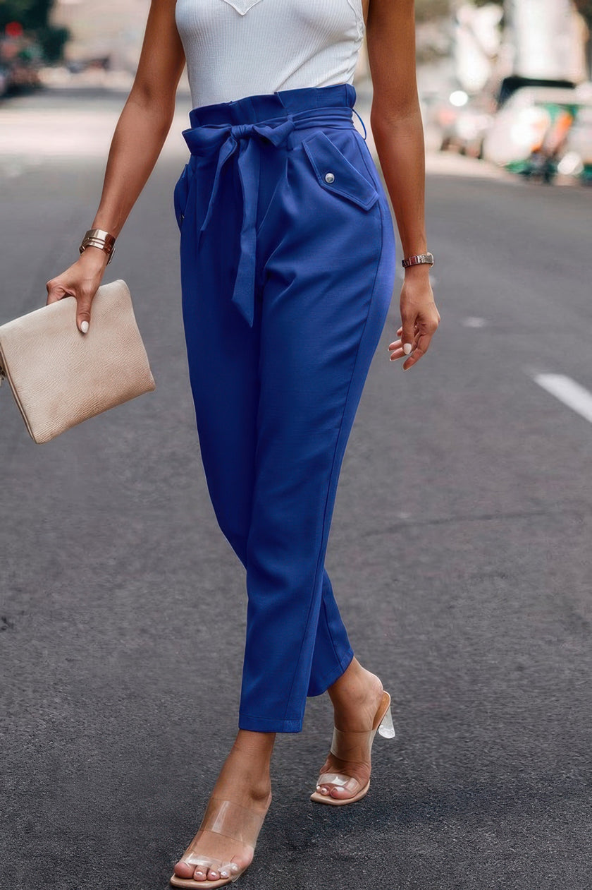 Ruffle Belt Pocket Solid Skinny Pants - Pikemla