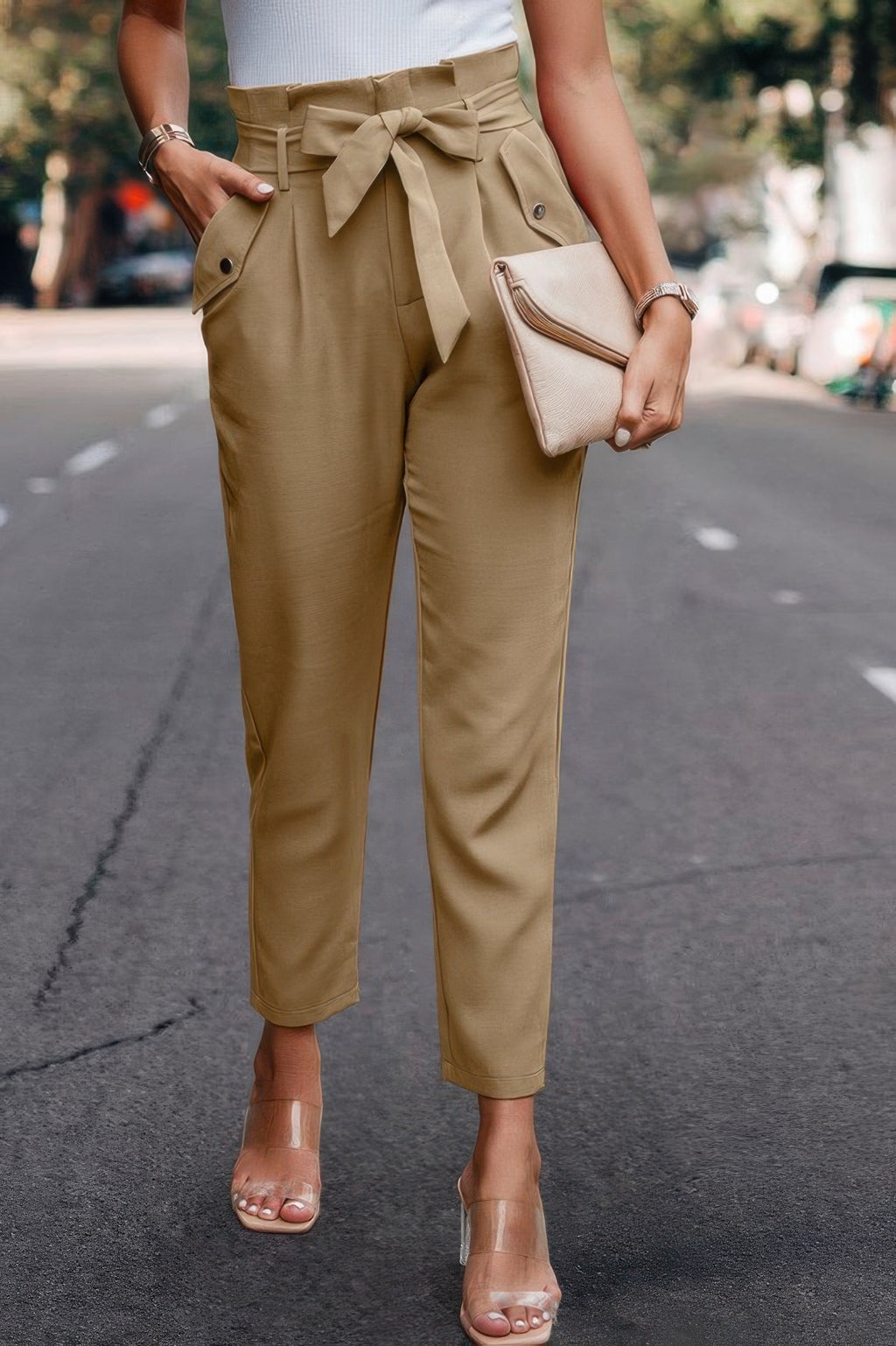 Ruffle Belt Pocket Solid Skinny Pants - Pikemla