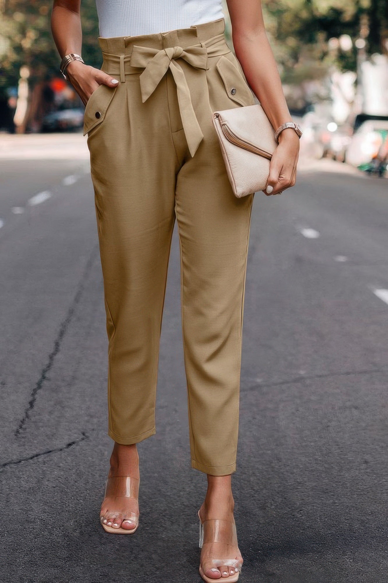 Ruffle Belt Pocket Solid Skinny Pants - Pikemla