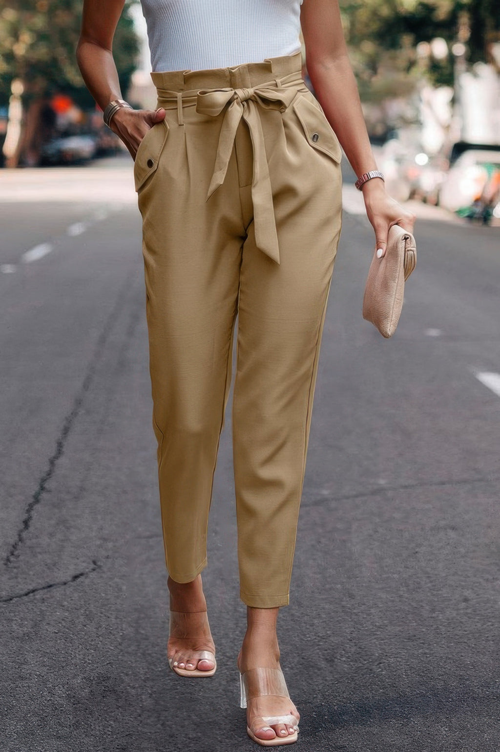 Ruffle Belt Pocket Solid Skinny Pants - Pikemla