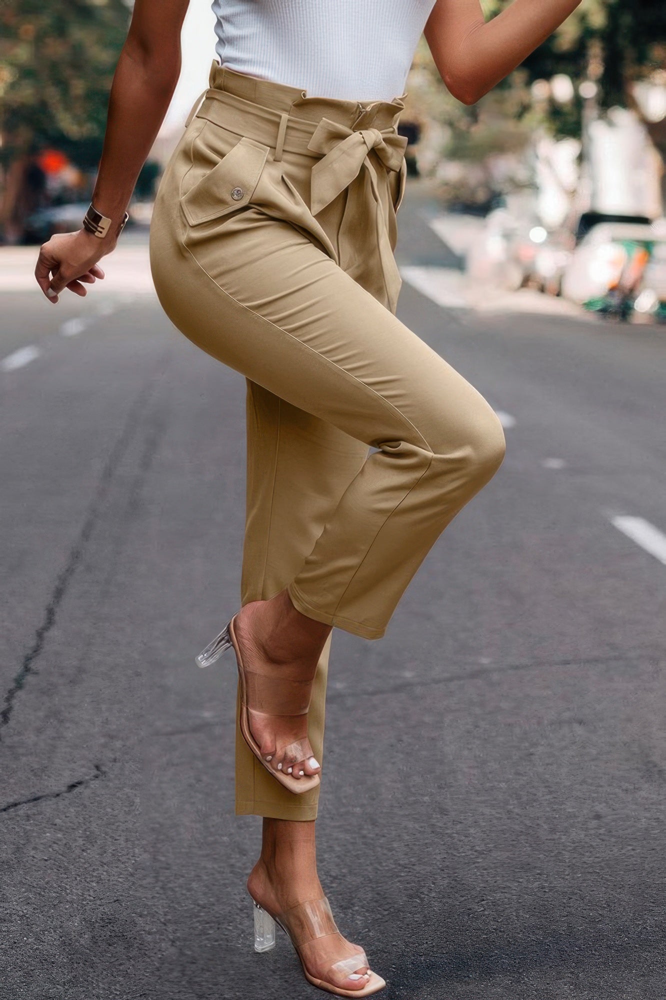 Ruffle Belt Pocket Solid Skinny Pants - Pikemla