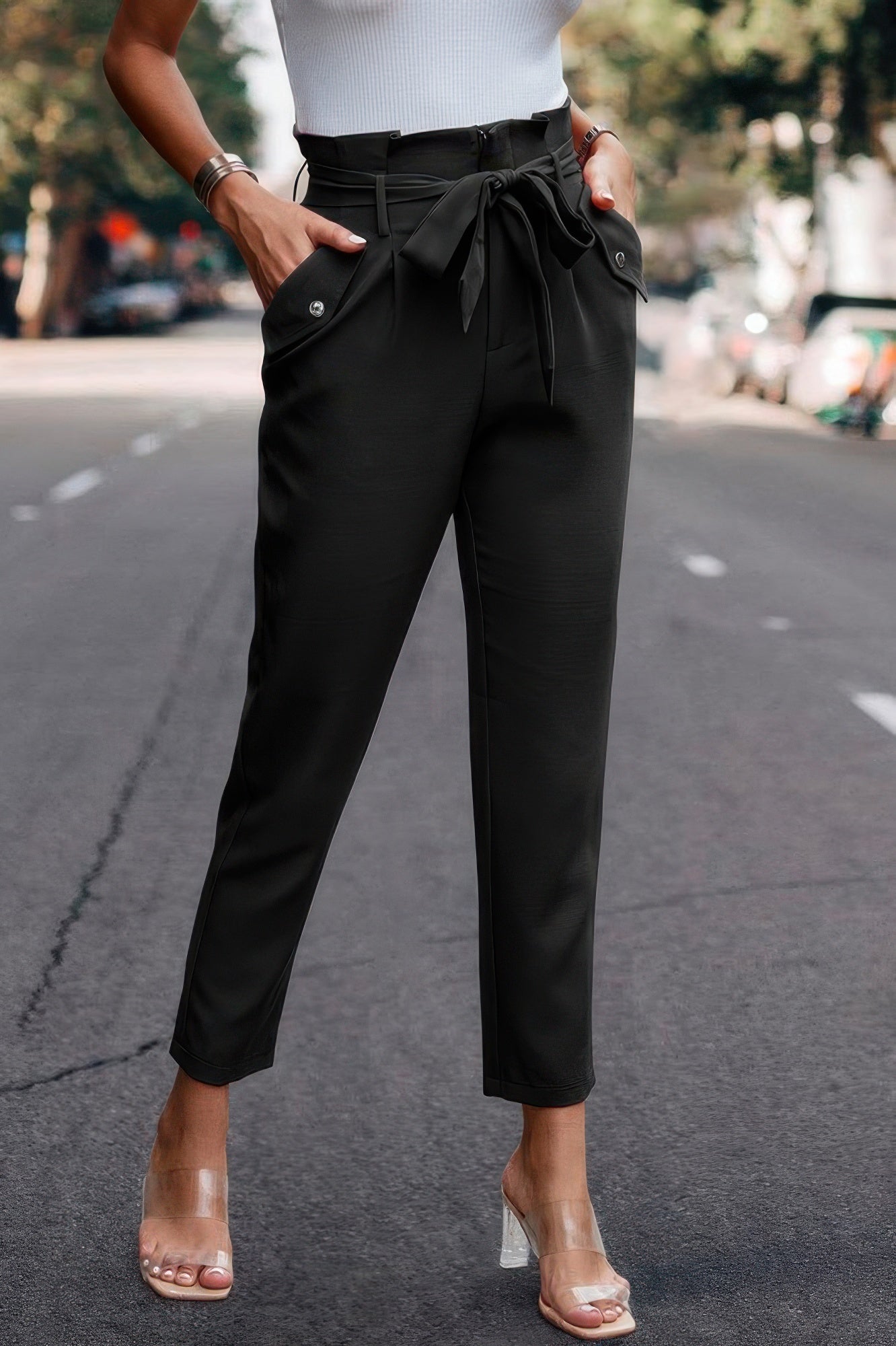 Ruffle Belt Pocket Solid Skinny Pants - Pikemla